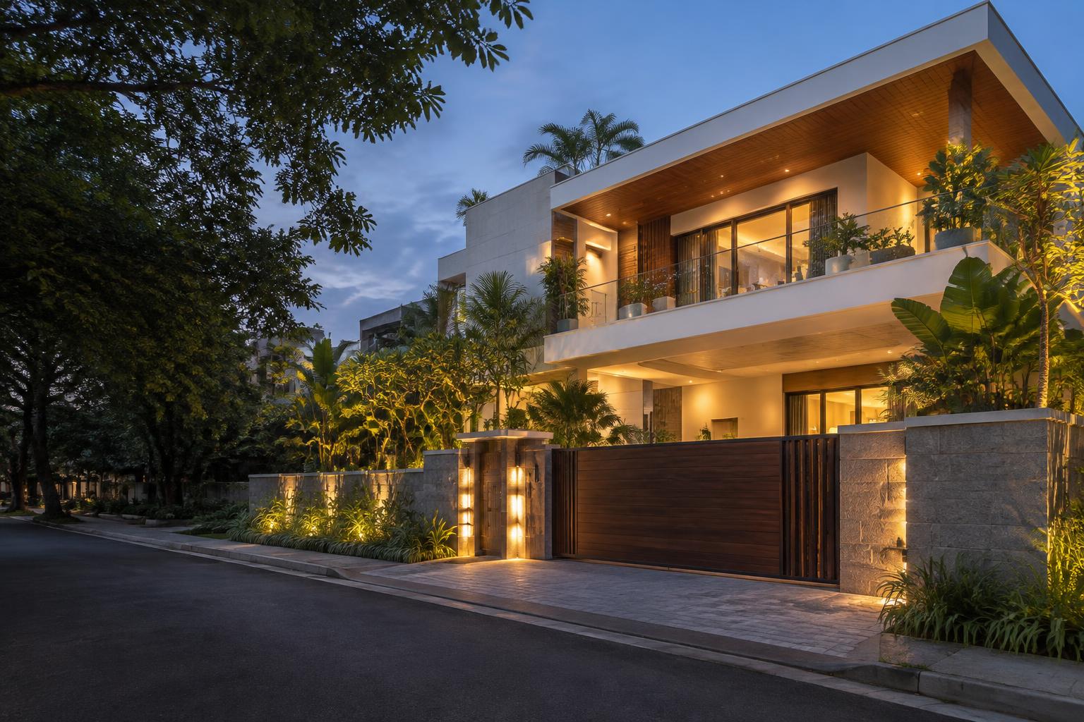 Contemporary Bengaluru villa illuminated at dusk